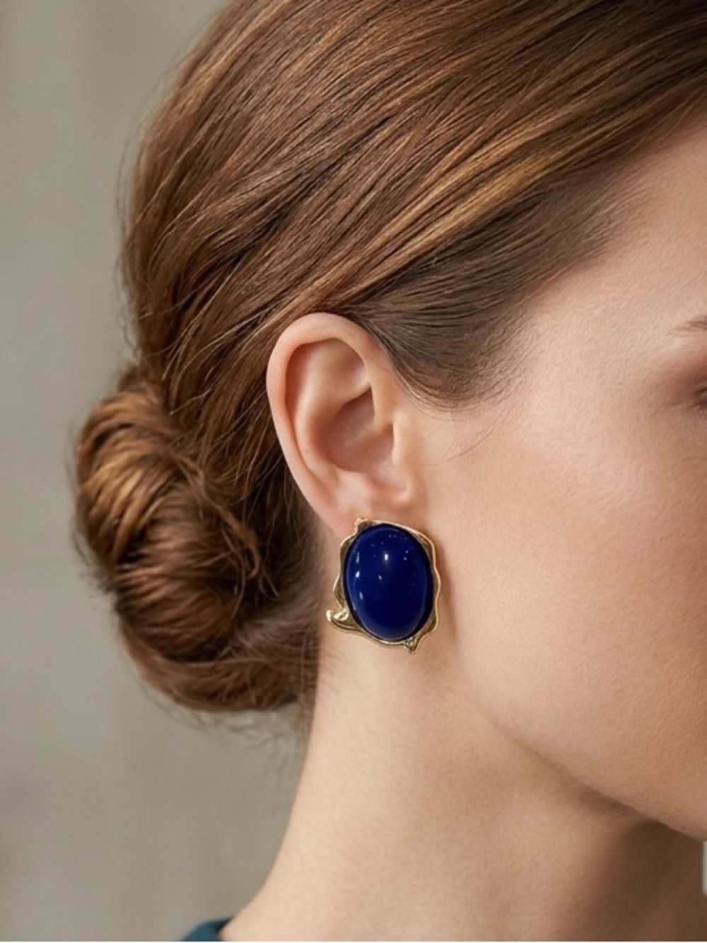 Oceanus Blue Cabochon Chunky Gold Tone Earrings S925 Posts
